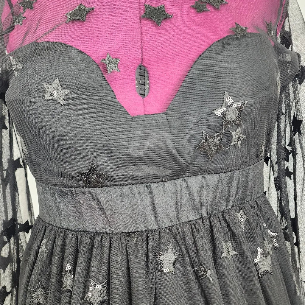 Women Sequin Star Print Black Tulle Dress Mesh See - Image 12