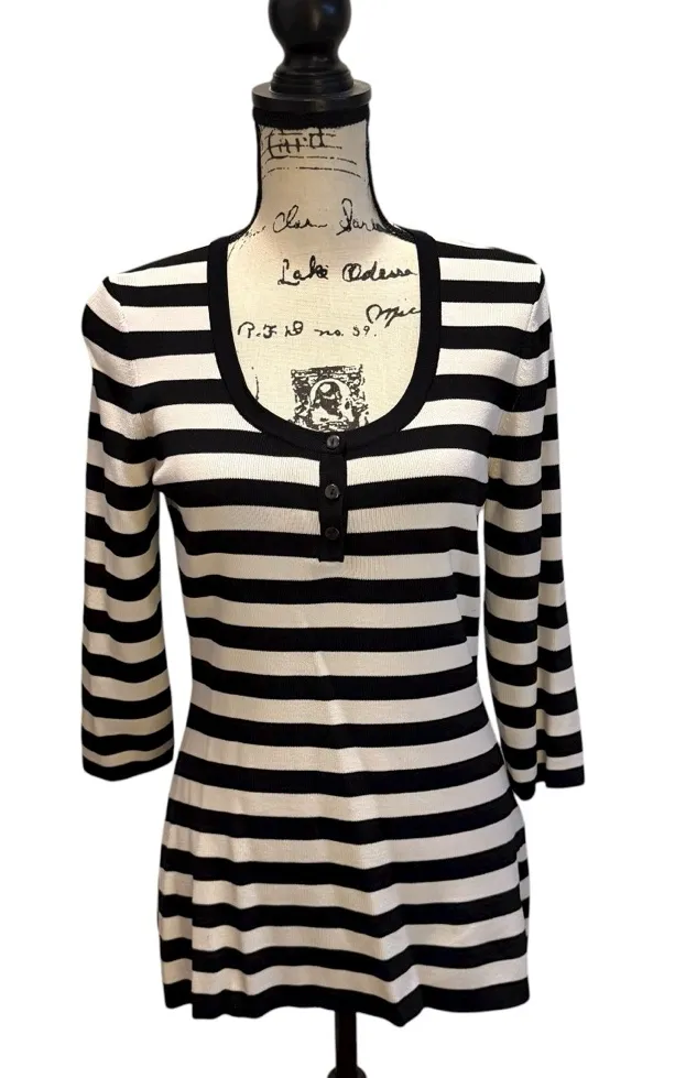 Venini Striped Henley Sweater Black White Size Medium Pullover business casual - Image 1