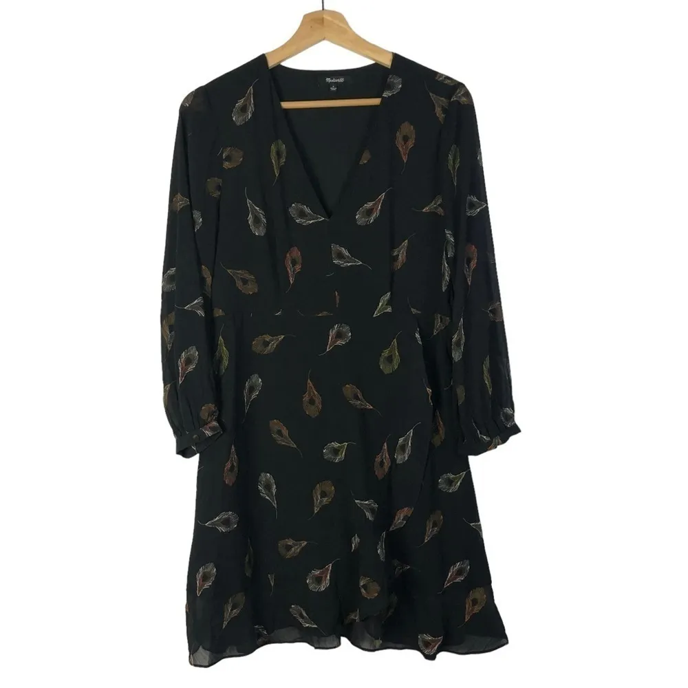 Madewell Black Poppy Wrap Long Sleeve Peacock Mini Dress 6 - Image 3