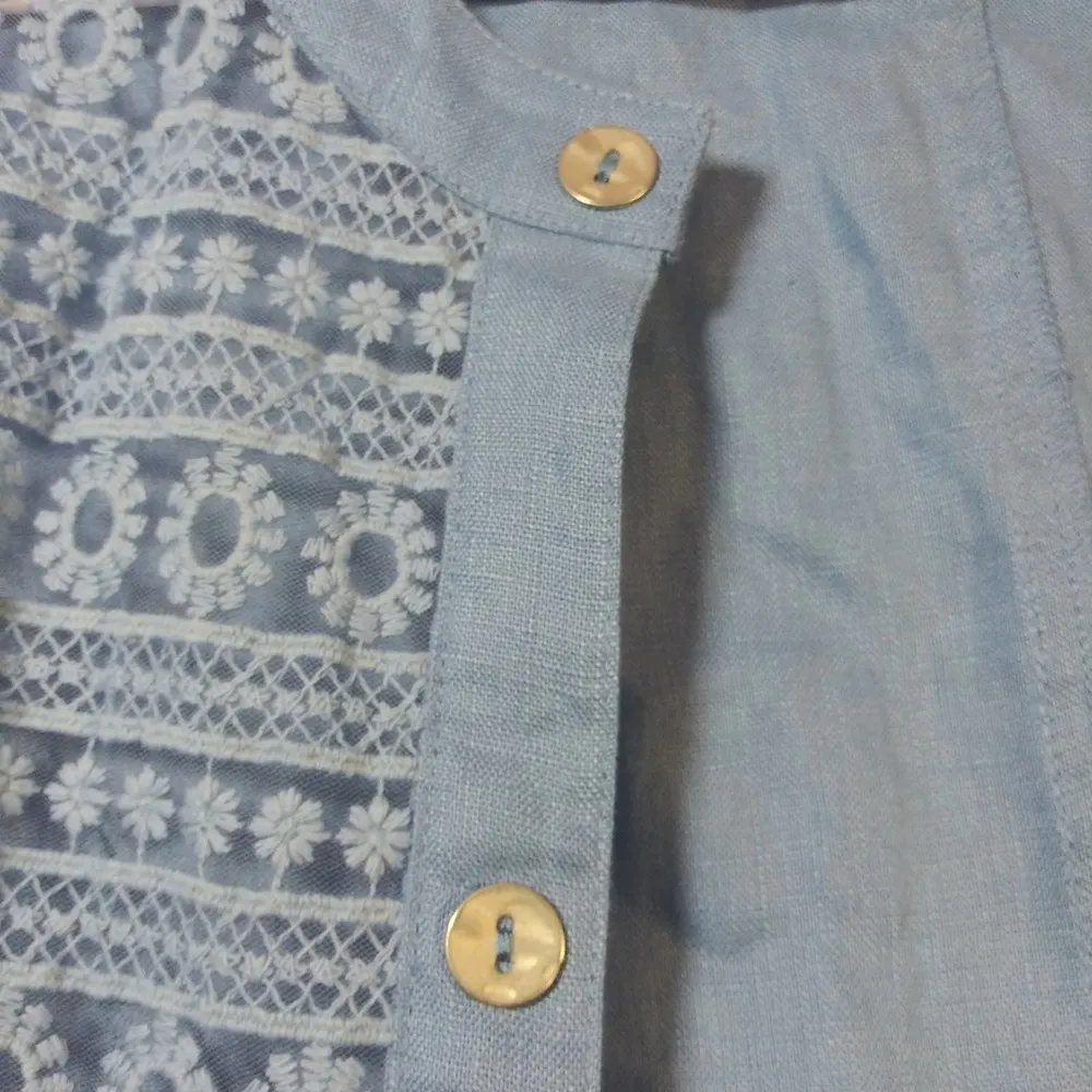 Multiples Blue Linen Open Front Crochet Jacket Cardigan Size Small - Image 6