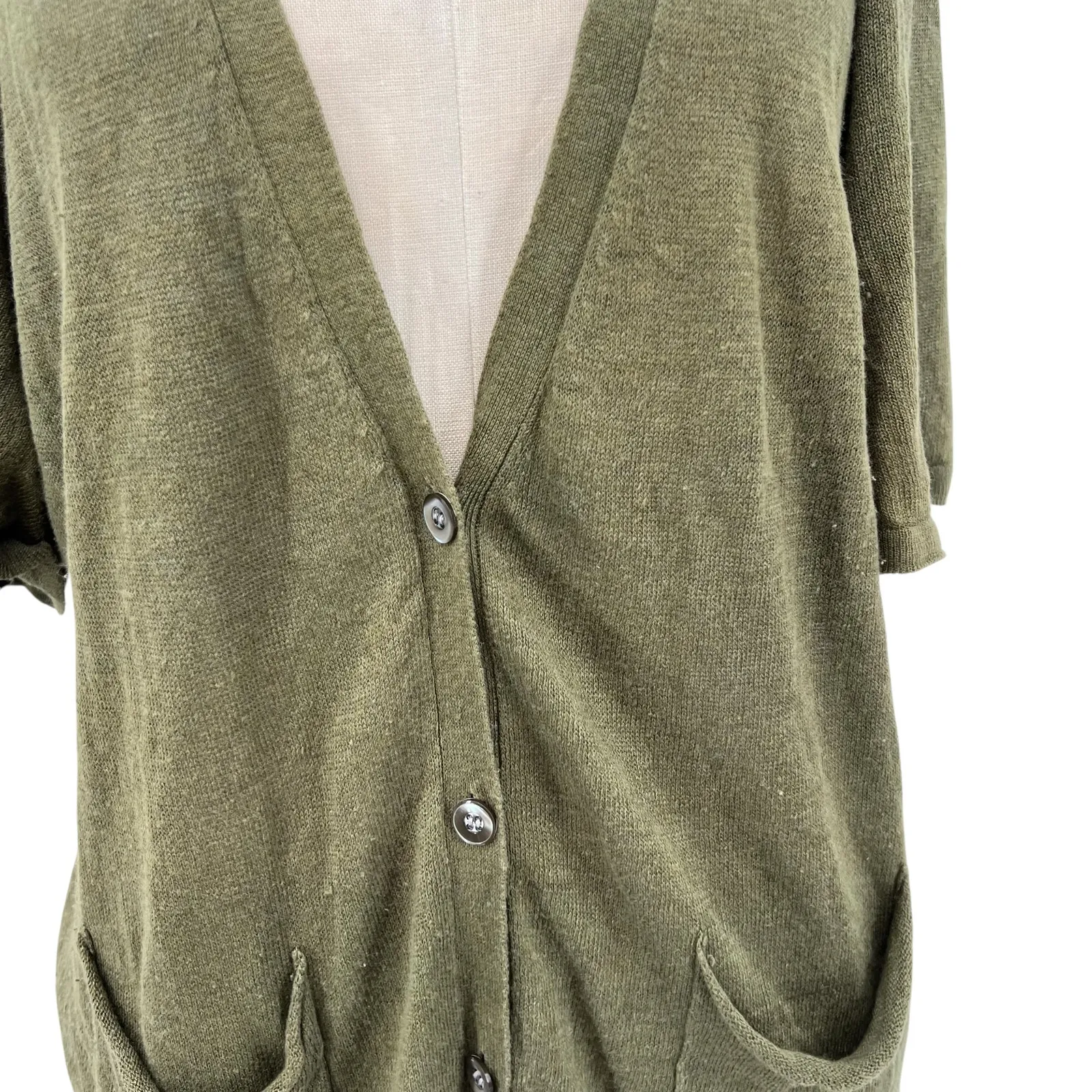 Eileen Fisher Cardigan Sweater Knit Short Sleeve Linen Silk Olive‎ Green Large - Image 3
