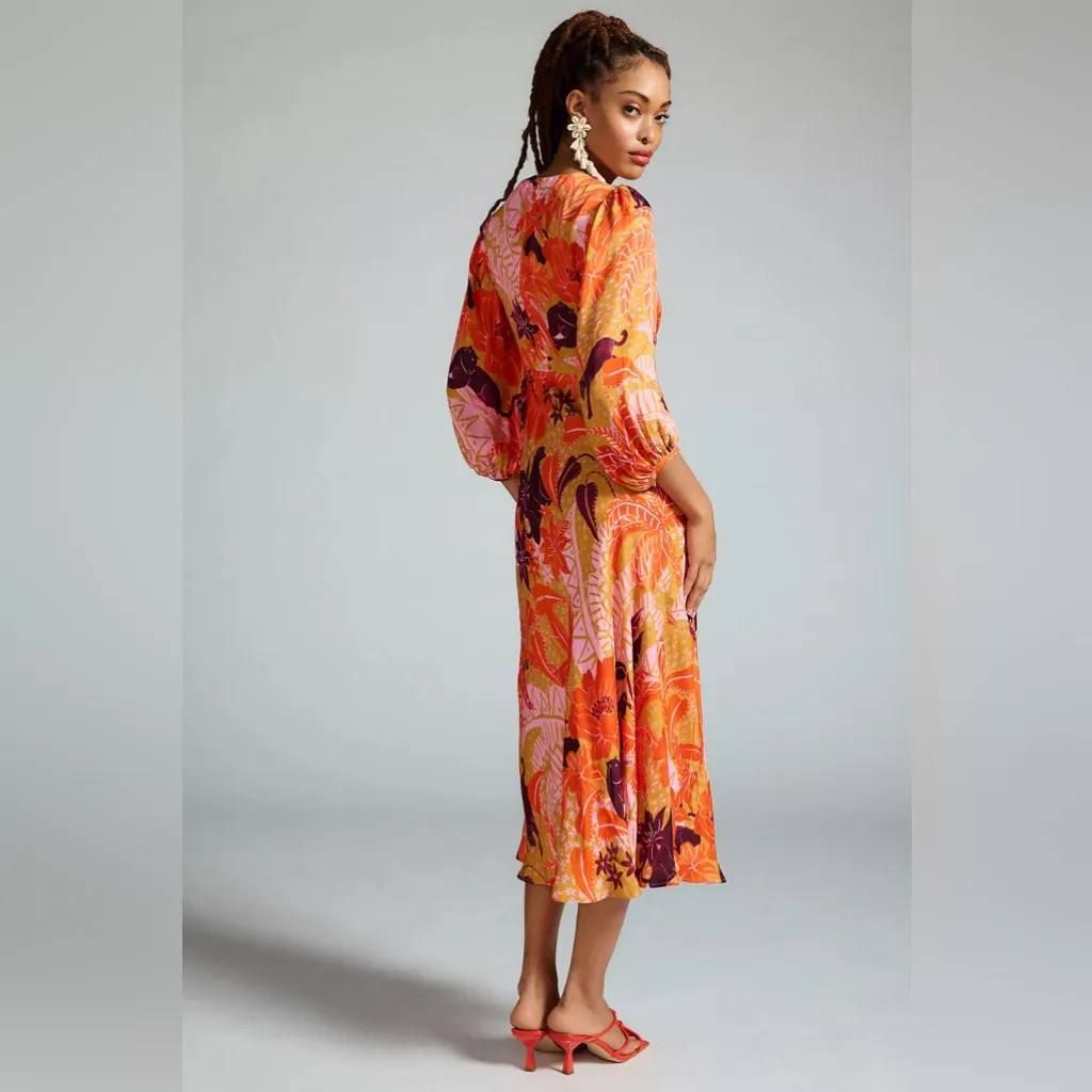 Farm Rio Puff-Sleeve Cutout Slip Dress Orange Purple Long Sleeve Panther Small - Image 3