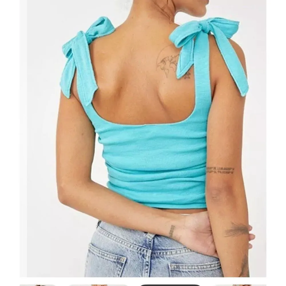 NEW Free People Boulevard Bow Tie Strap Ruched Sides Cotton Rib Tank Top‎ Aqua S - Image 4