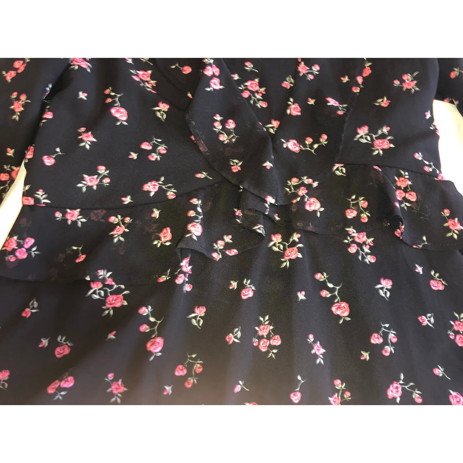 Ruffle Sleeve Top Size XXS Black Pink Floral Whimsigoth Dark Fairy Romantic Y2K - Image 3