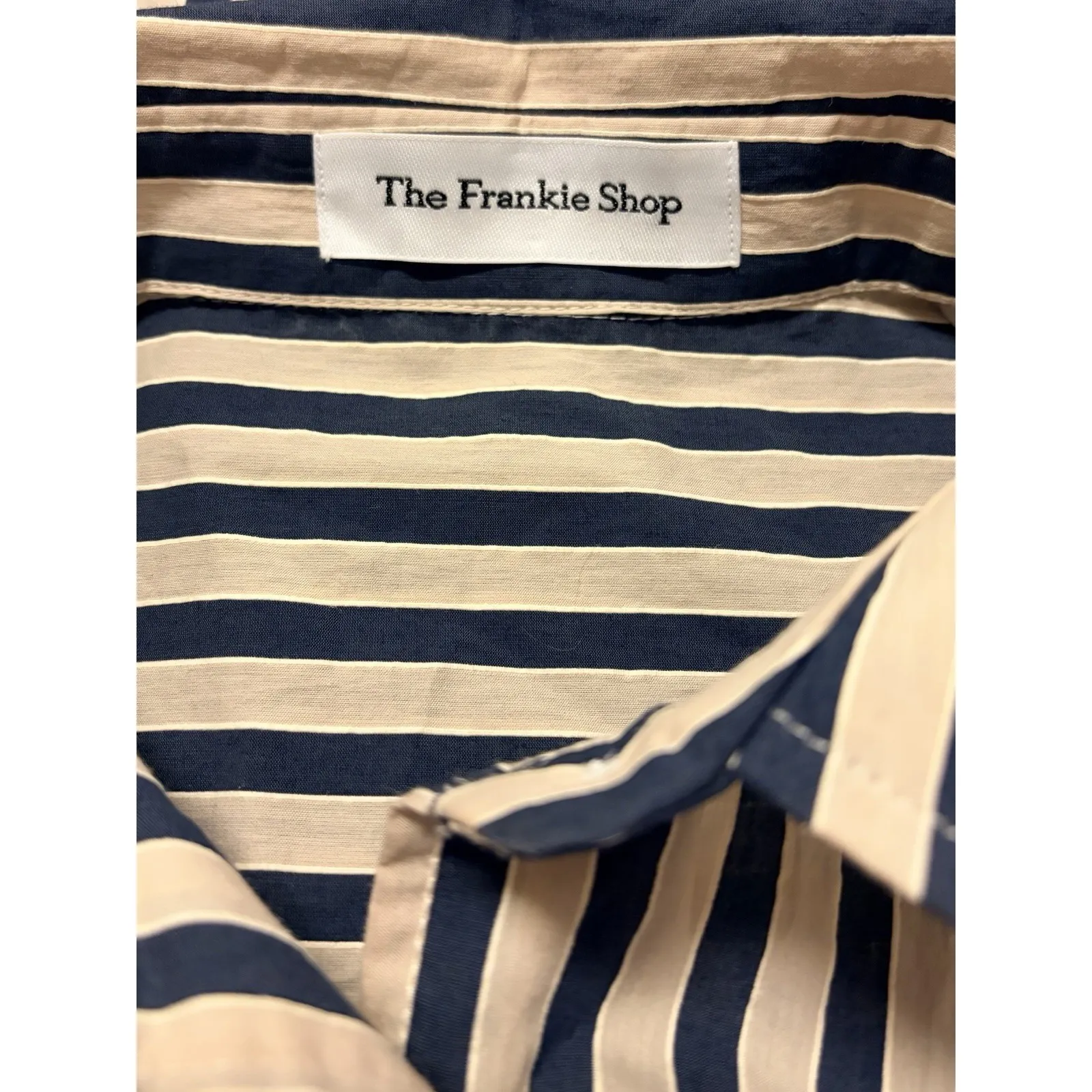 THE FRANKIE SHOP Lui Striped Textured Cotton Shirt | Navy Blue+ Gold Stripe | S - Image 7