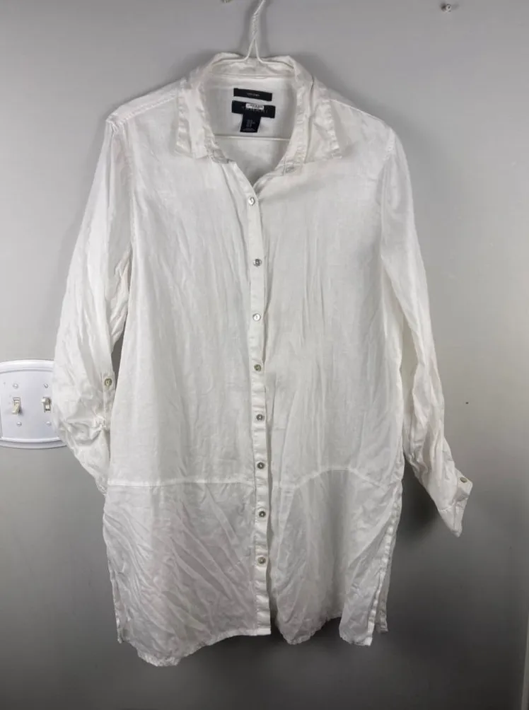 Tahari White 100% Linen Button Front Tunic Shirt Dress Tie Sleeves M Coastal - Image 1