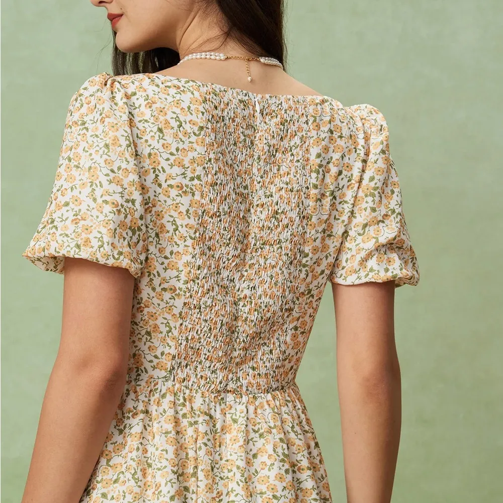 Rihoas Yellow Floral Puffed Sleeve Midi Dress Size XS - Image 4