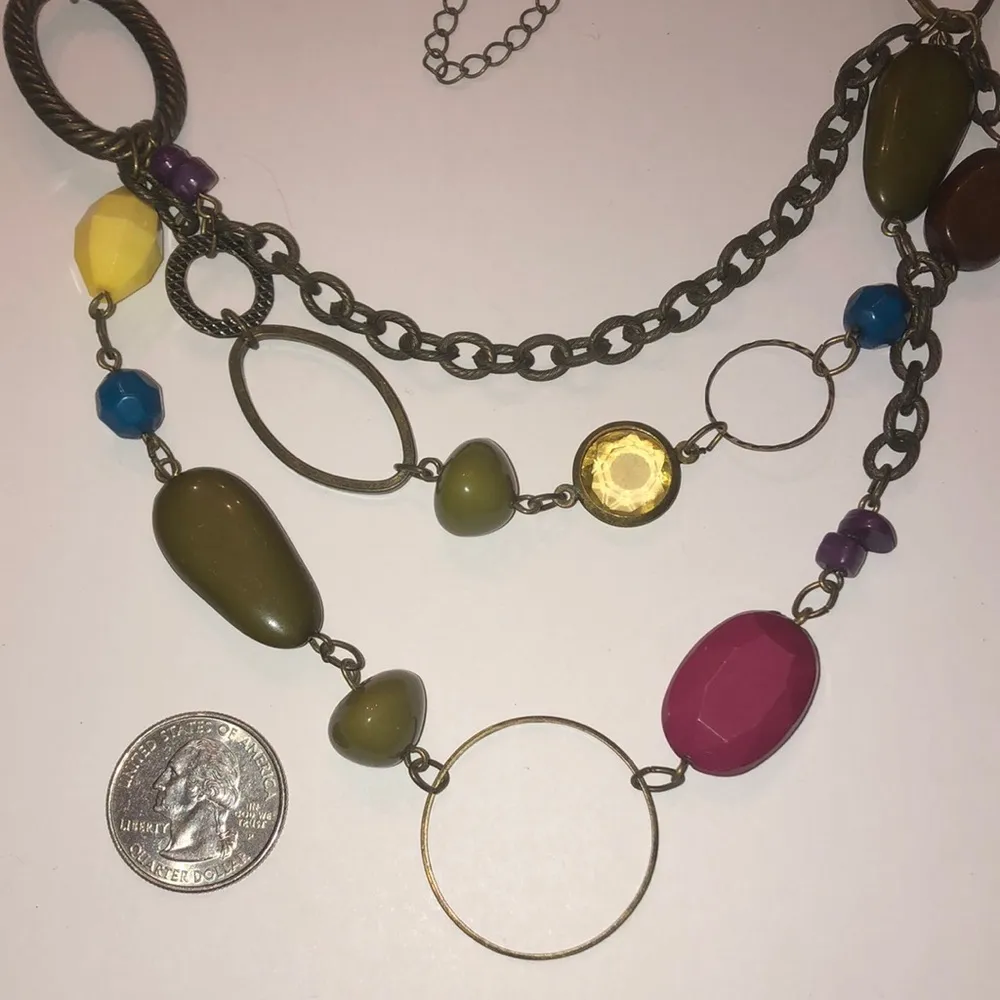 Brass Tone Colorful Multi Strand Beaded Boho Necklace - Image 2