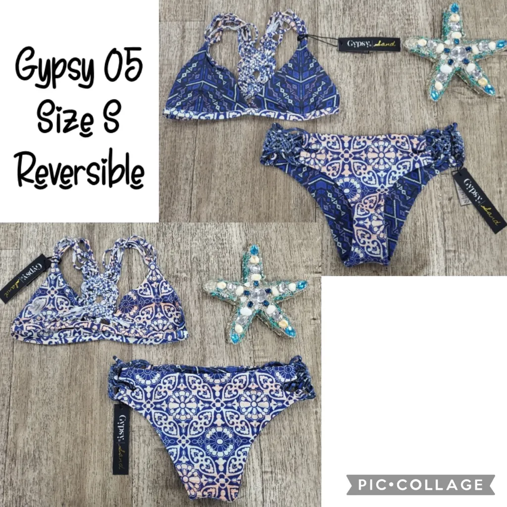 NEW! GYPSY 05 SAND Bikini Size S Small Racerback Top Cheeky Bottoms Blue Tile - Image 2