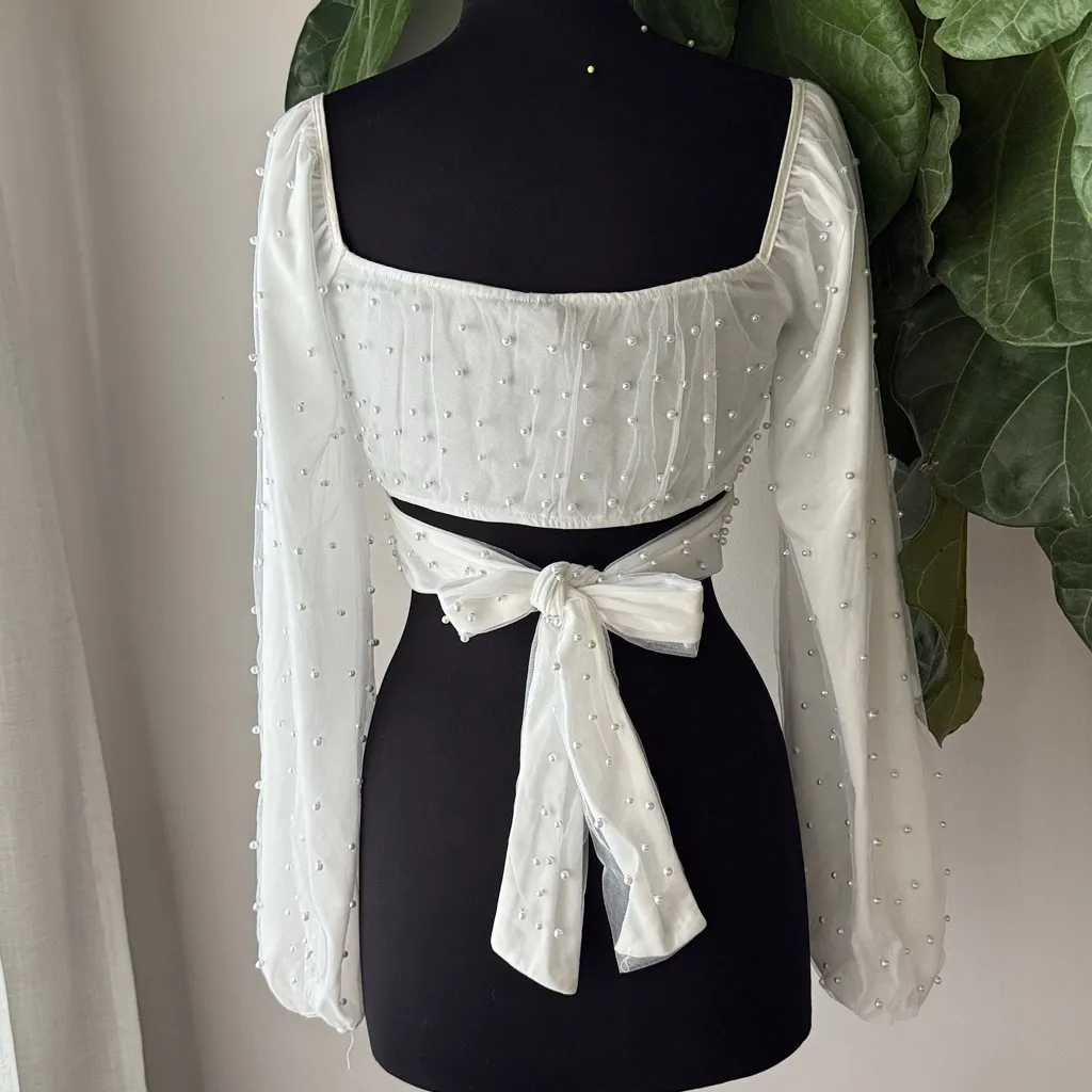Windsor White Pearl Long Sleeve Breezy And Chic Sheer Crop Top - Image 7