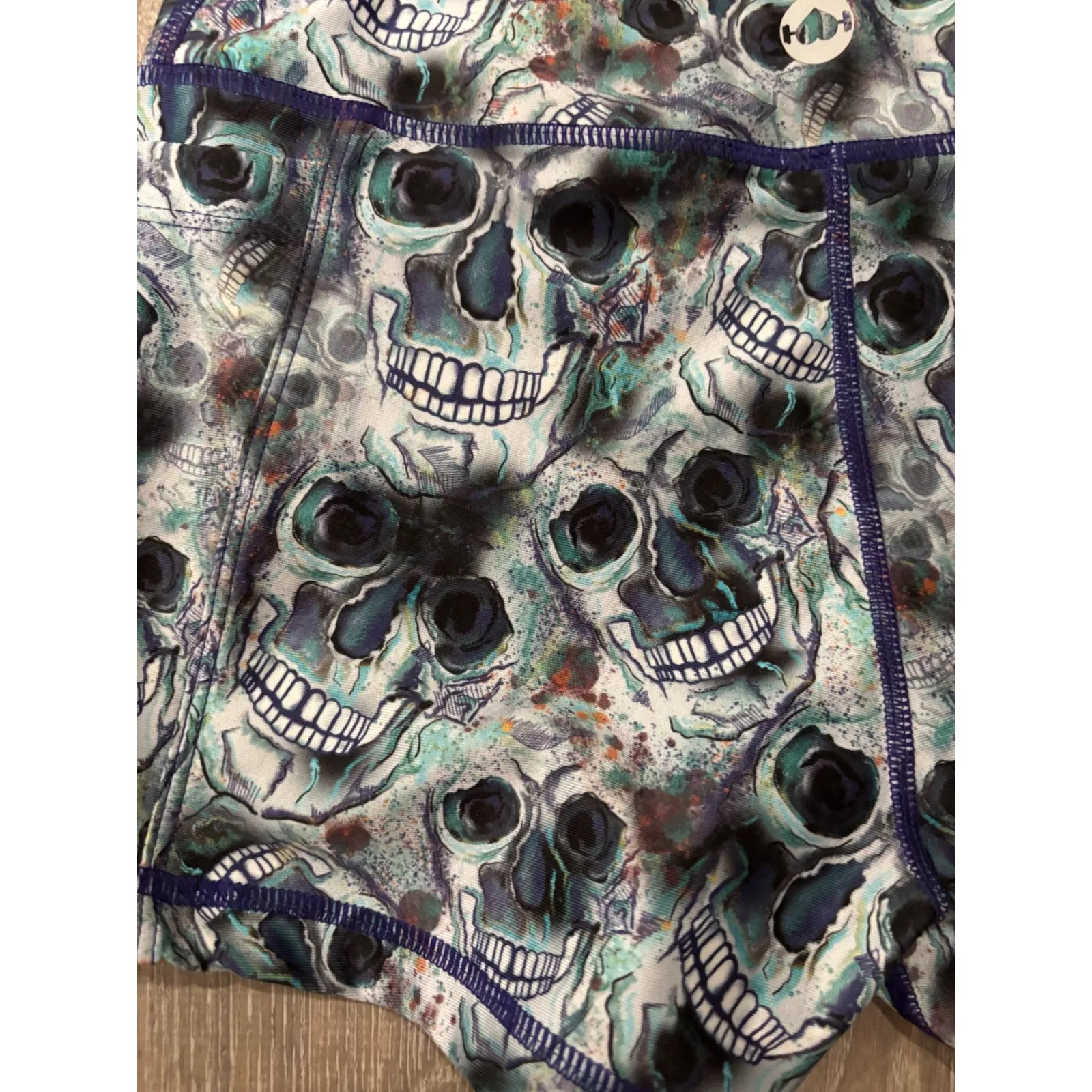 Wod Bottom Skull Print Athletic Shorts High Waist Activewear small Blue - Image 4