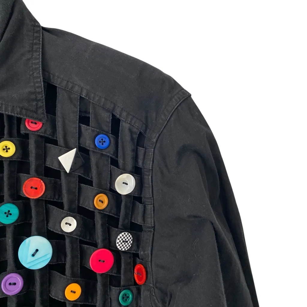 Vintage Yak Magik Woven Lattice Button Embellished Colorful Black Top Tunic - Image 3