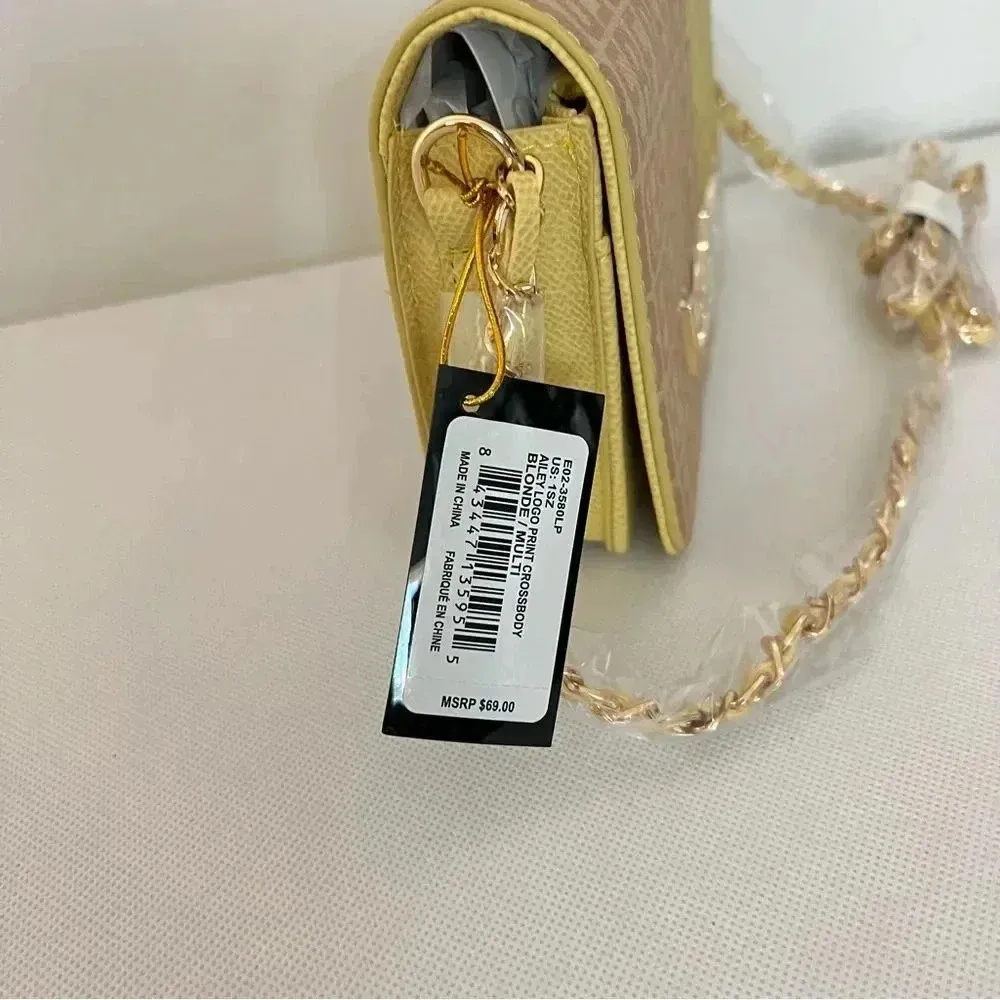 Bebe Ailey Two Tone Crossbody Bag Purse Yellow/Blonde Faux Leather Flap Closure - Image 8