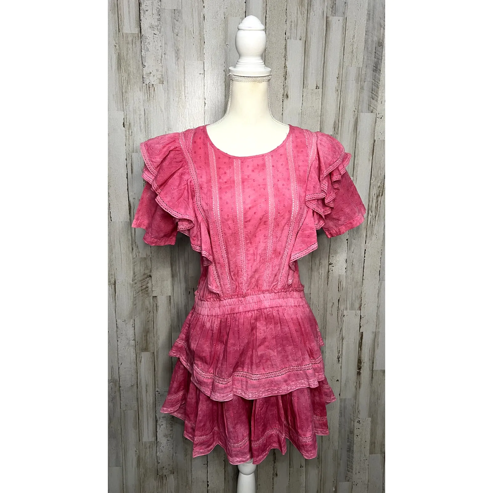 LoveShackFancy Natasha Mini Dress‎ Women's Size Large Pink Ruffle Scoop Neck - Image 2