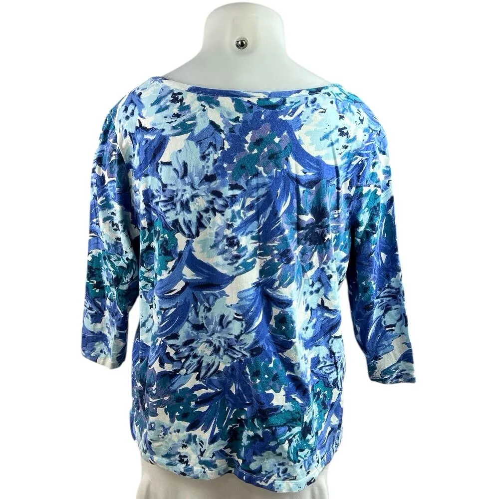 Appleseed's Blue Half Sleeve Floral Boat Neck Cotton T Shirt Tee Top Size XL - Image 2