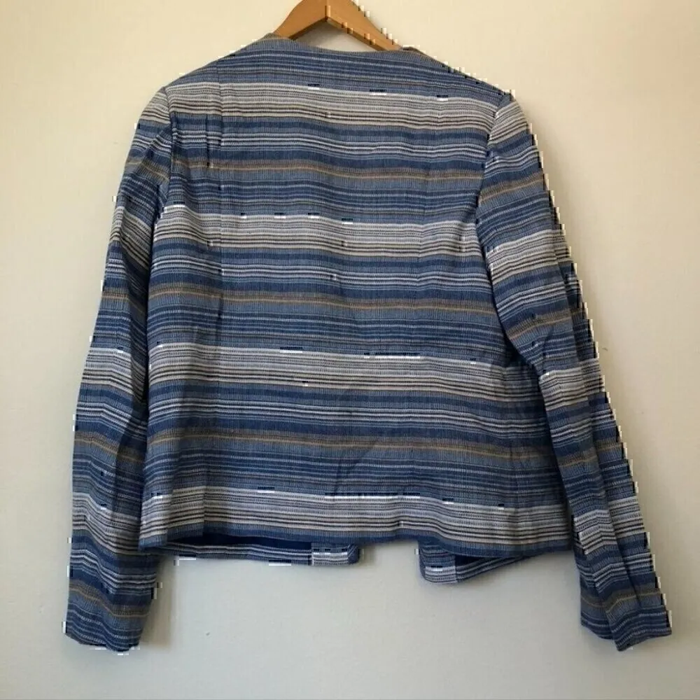 LAUNDRY BY SHELLI SEGAL Blue White Tan Striped Tweed Open Front Blazer Jacket 14 - Image 9