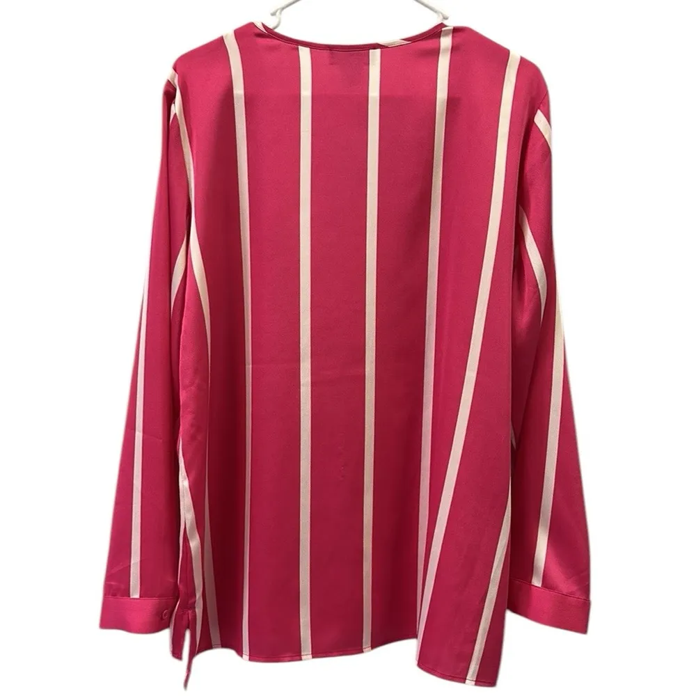Investments Pink White Striped Satin Long Sleeve Split Neck Blouse Womens Medium - Image 8