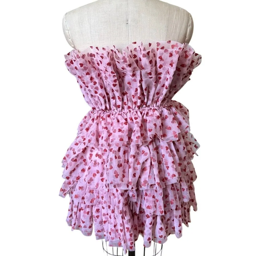 Mable Glitter Red Heart on Pink Chiffon Mini Strapless Party Dress Size Small - Image 3