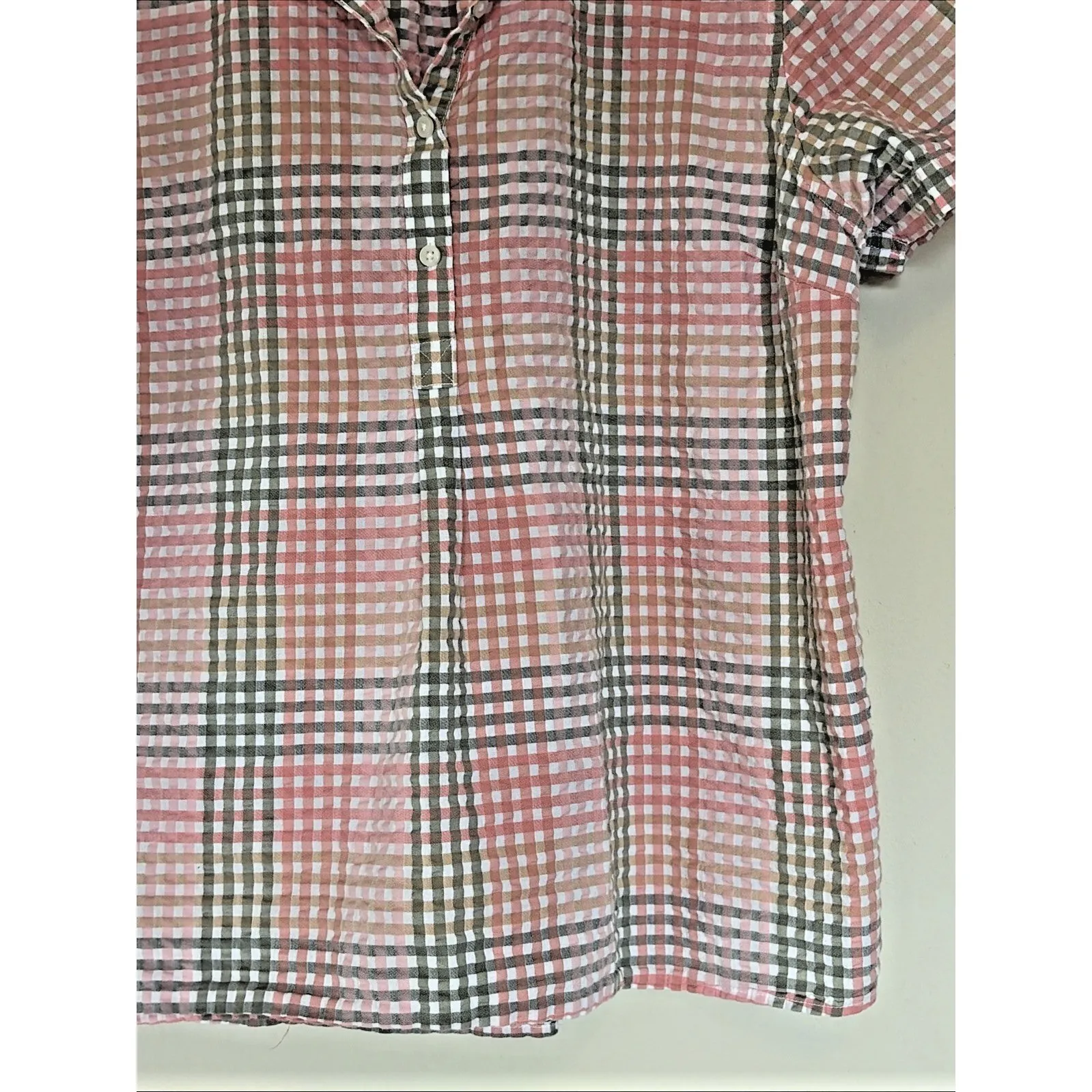 LL Bean Coral Green Seersucker Gingham Popover Blouse Shirt Top Womens XL - Image 2