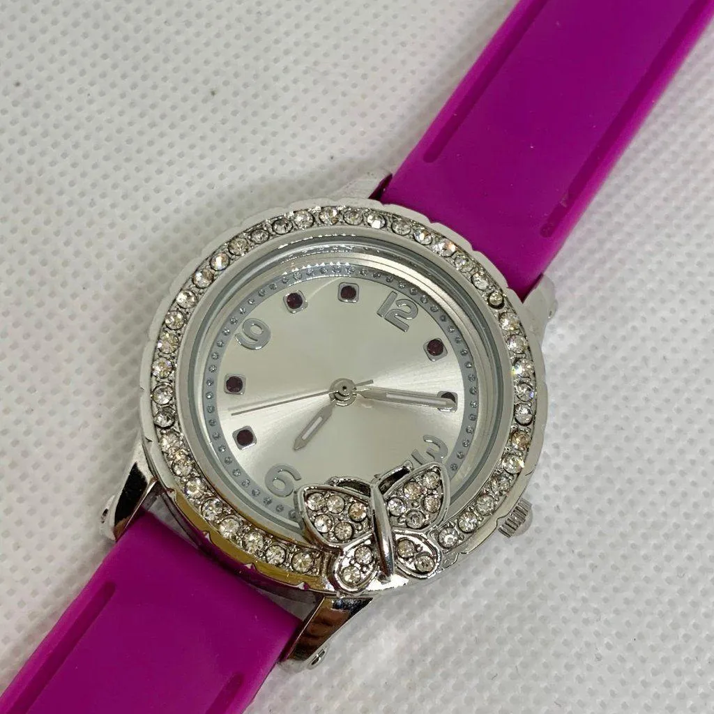 FMD women butterfly bezel watch silver tone 33mm case rhinestones running - Image 2