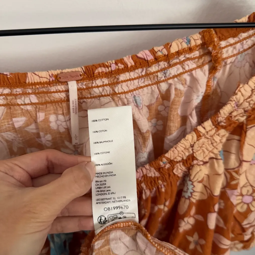 Free People Large Frankie Swing Tunic Babydoll Honey Ginger Orange Floral Hippie - Image 5