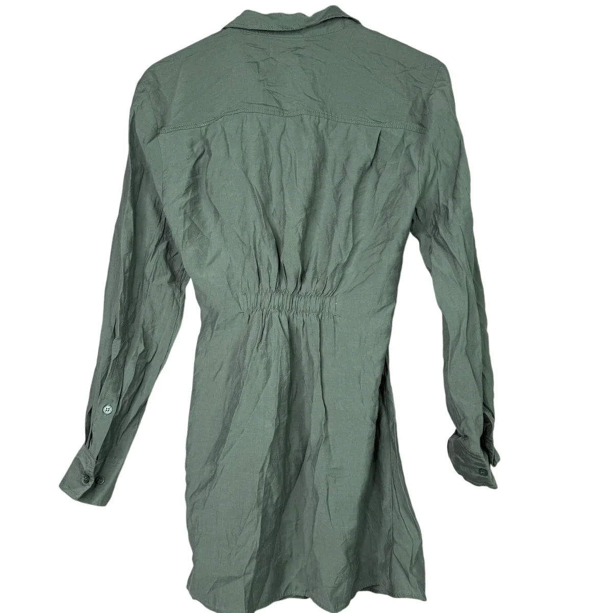 Zara Long Sleeve Tunic Wrap Style Mini Dress Collard V Neck Button M Olive Green - Image 13