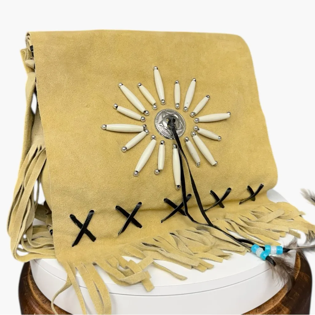 Vintage Handmade Yellow Suede Fringe Crossbody Bag Boho Festival Western - Image 16
