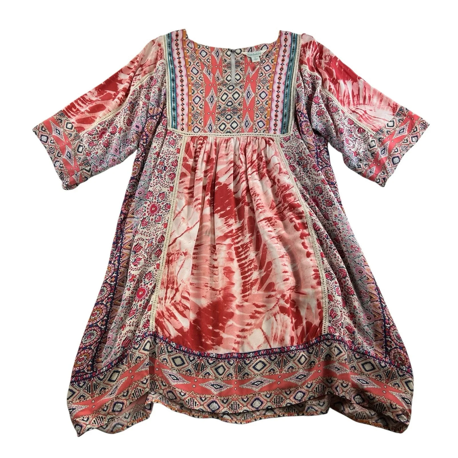 Sundance L Large Avignon Terraza Floral Dress Patchwork Bohemian Keyhole Boho Pink - Image 2
