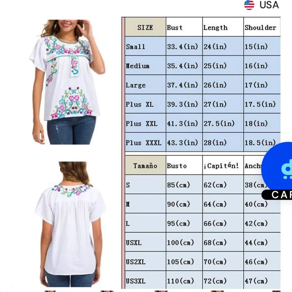 YZXDORWJ Women's Embroidered Mexican Peasant Blouse Mexico Summer Shirt White Size XL - Image 3
