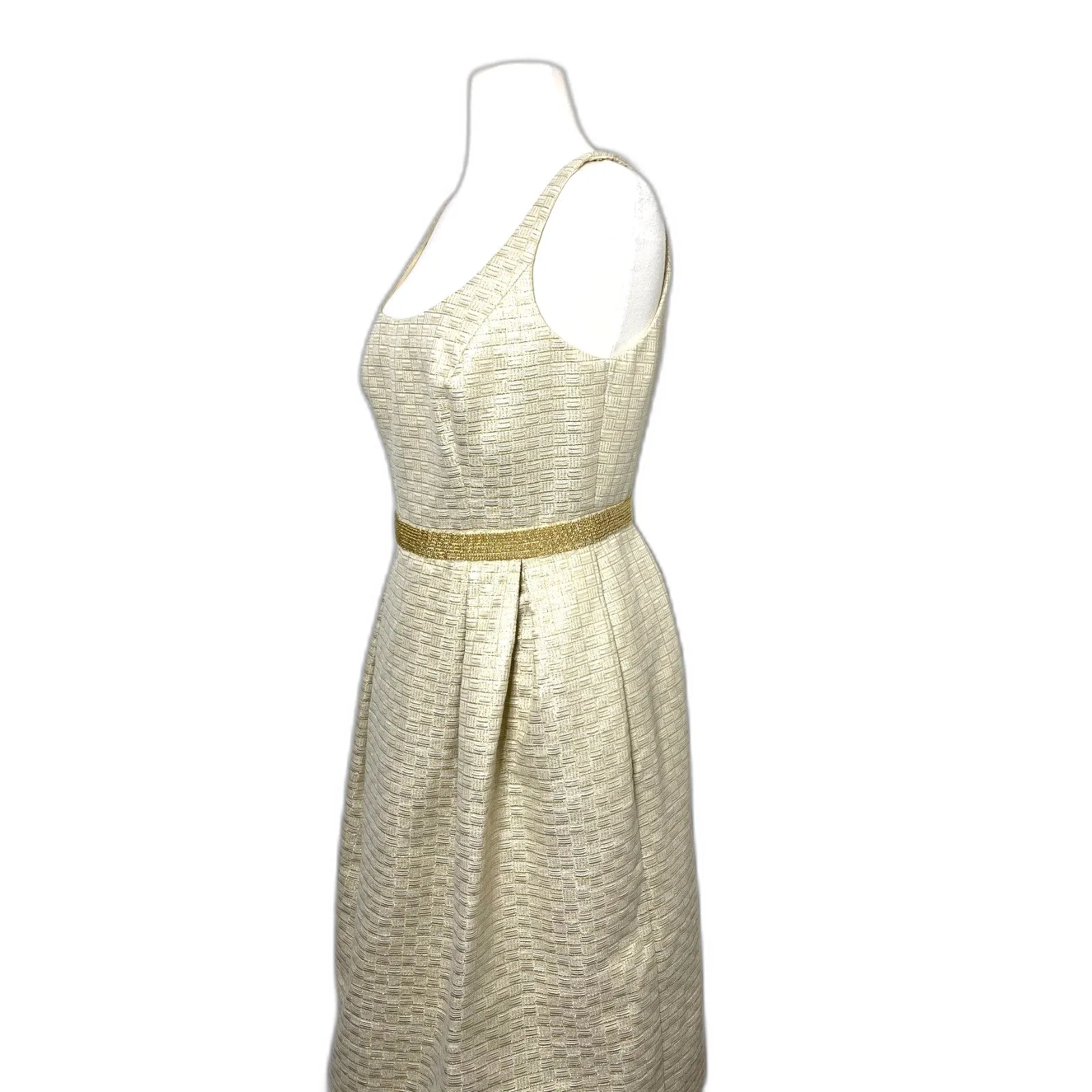 Carmen Marc Valvo Metallic Gold Chain Belt Linen Blend Elegant Sleeveless Gown 8 - Image 11
