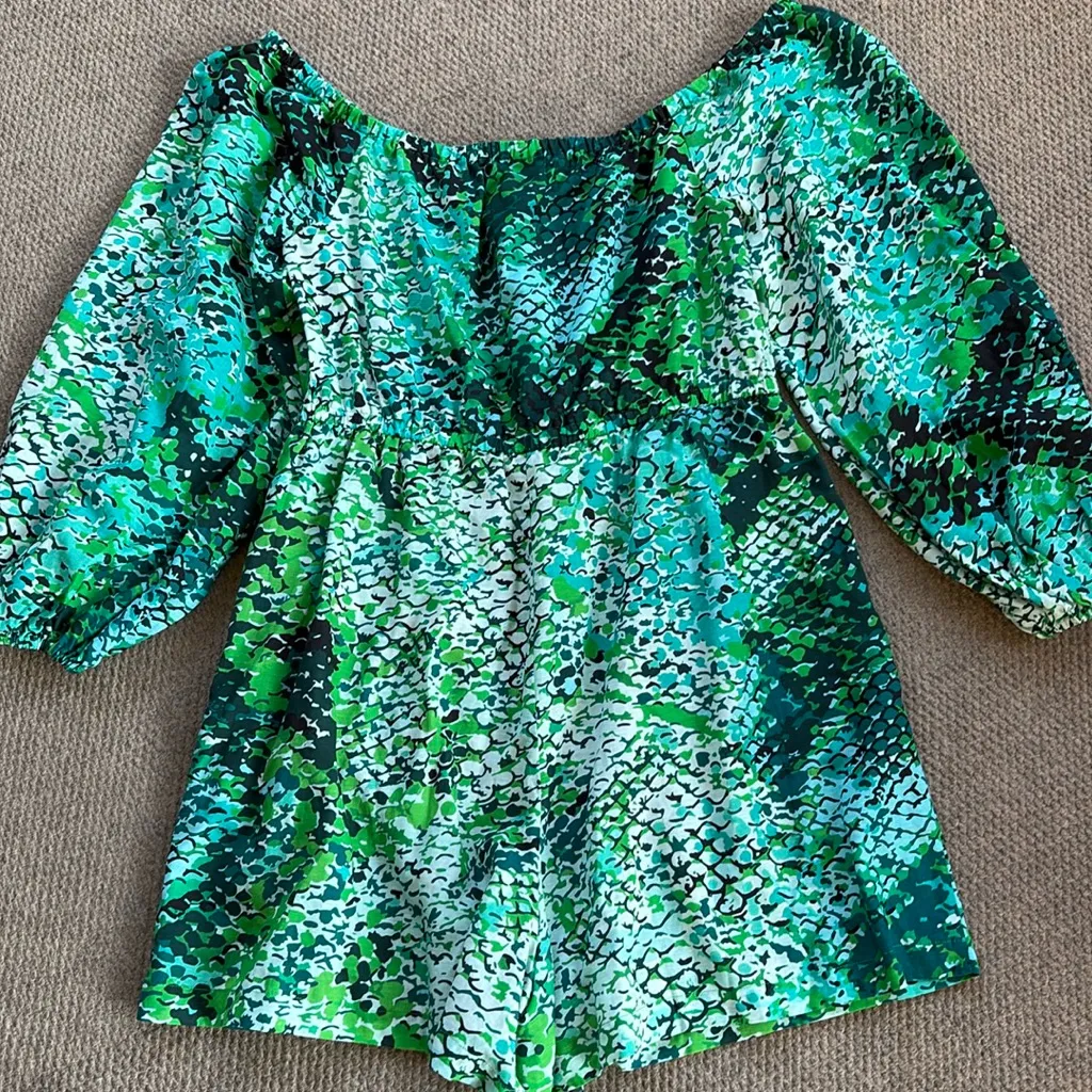 NWT Anthropologie Plenty Tracy Reese Peasant Romper Green Python Large Rtl. $228 - Image 14