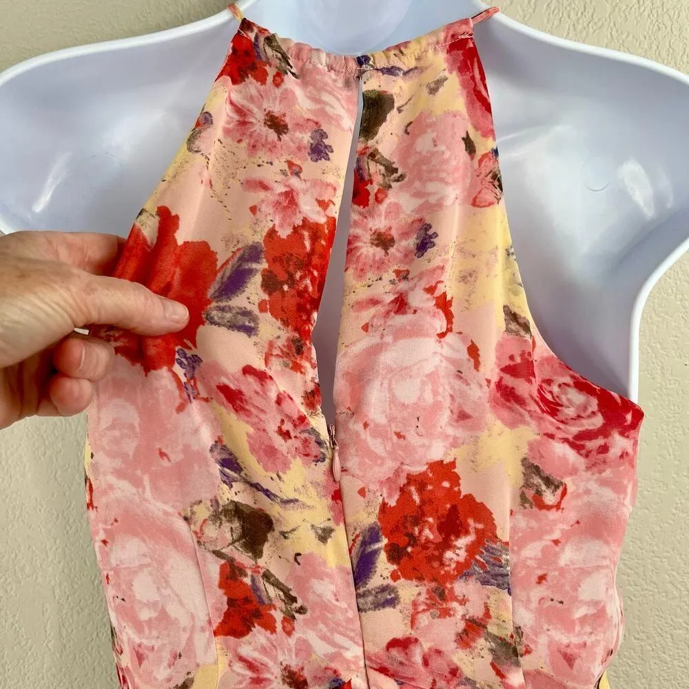 Floret Studios Pink Multi Floral Chiffon Ruffle Halter A-Line Mini Dress XS NWOT - Image 10