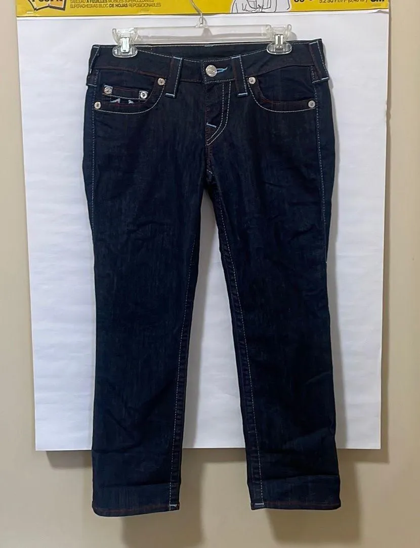 WLHJ58FE2 Americana Chain Dark Rinse Rolled Capri Jeans $209 EUC 28 - Image 1