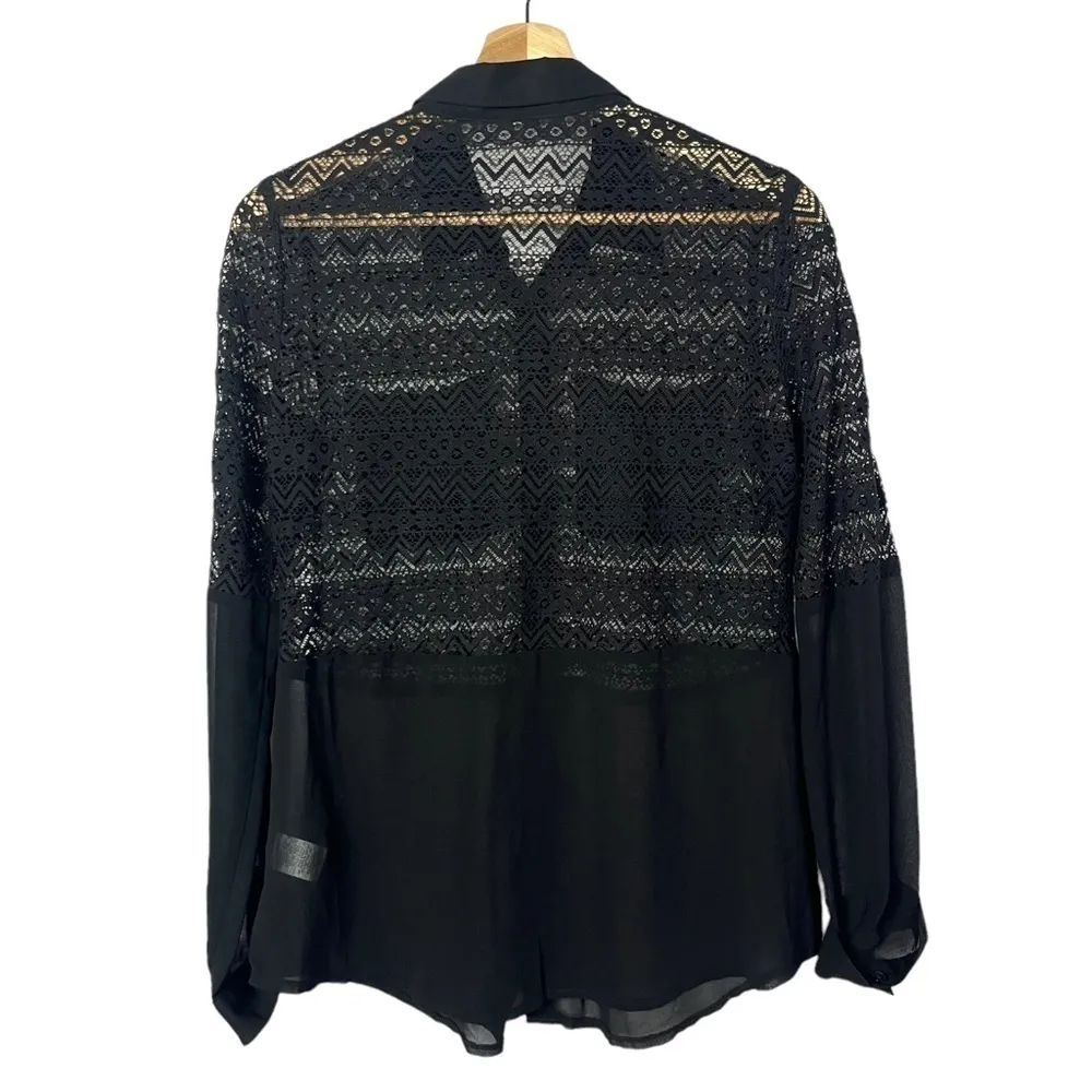 Ya Los Angeles Black Lace Chiffon Long Sleeve Button Down M - Image 2