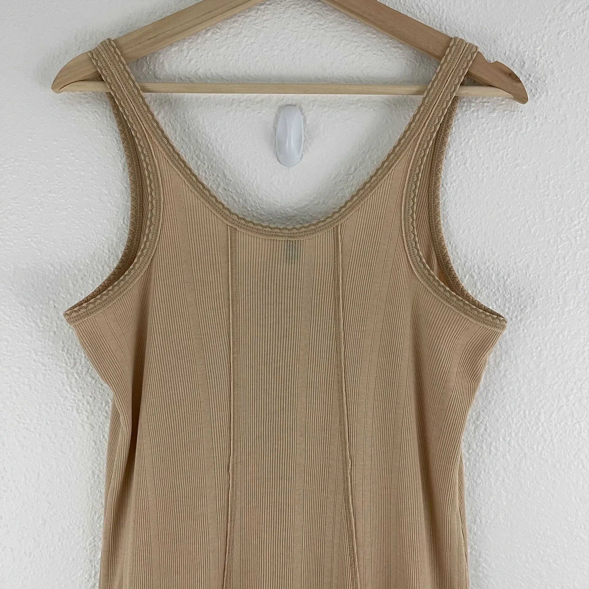 Tan Beige Hook & Eye Drop Needle Rib Venice Sleeveless Tunic Dress - Image 12