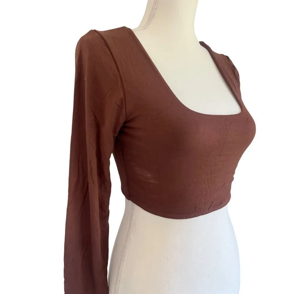 RE ONA Square Neck Crop Top in Chocolate Large New Womens Long Sleeve Blouse Brown - Image 5