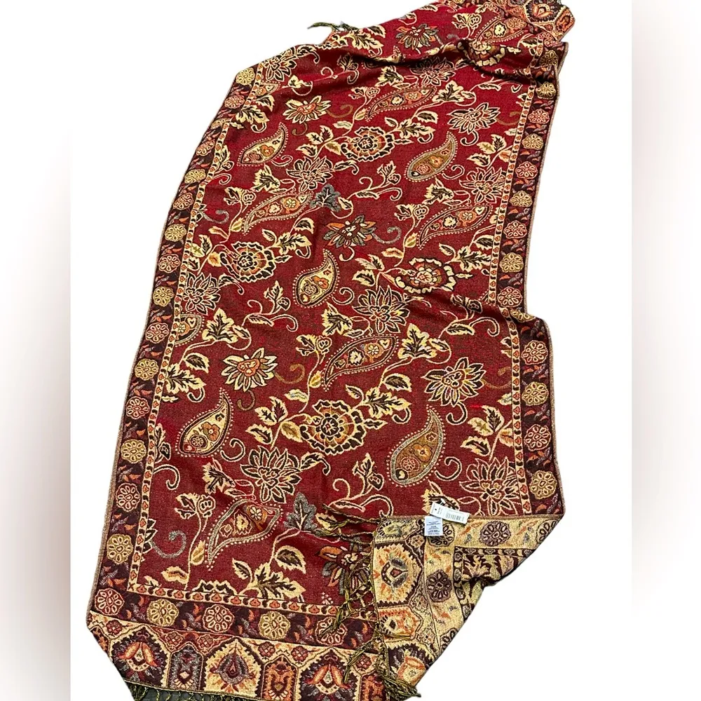 Burgundy Metallic Gold Paisley Print Wrap Scarf Pashmina Sarong Tapestry Fringed Red - Image 6