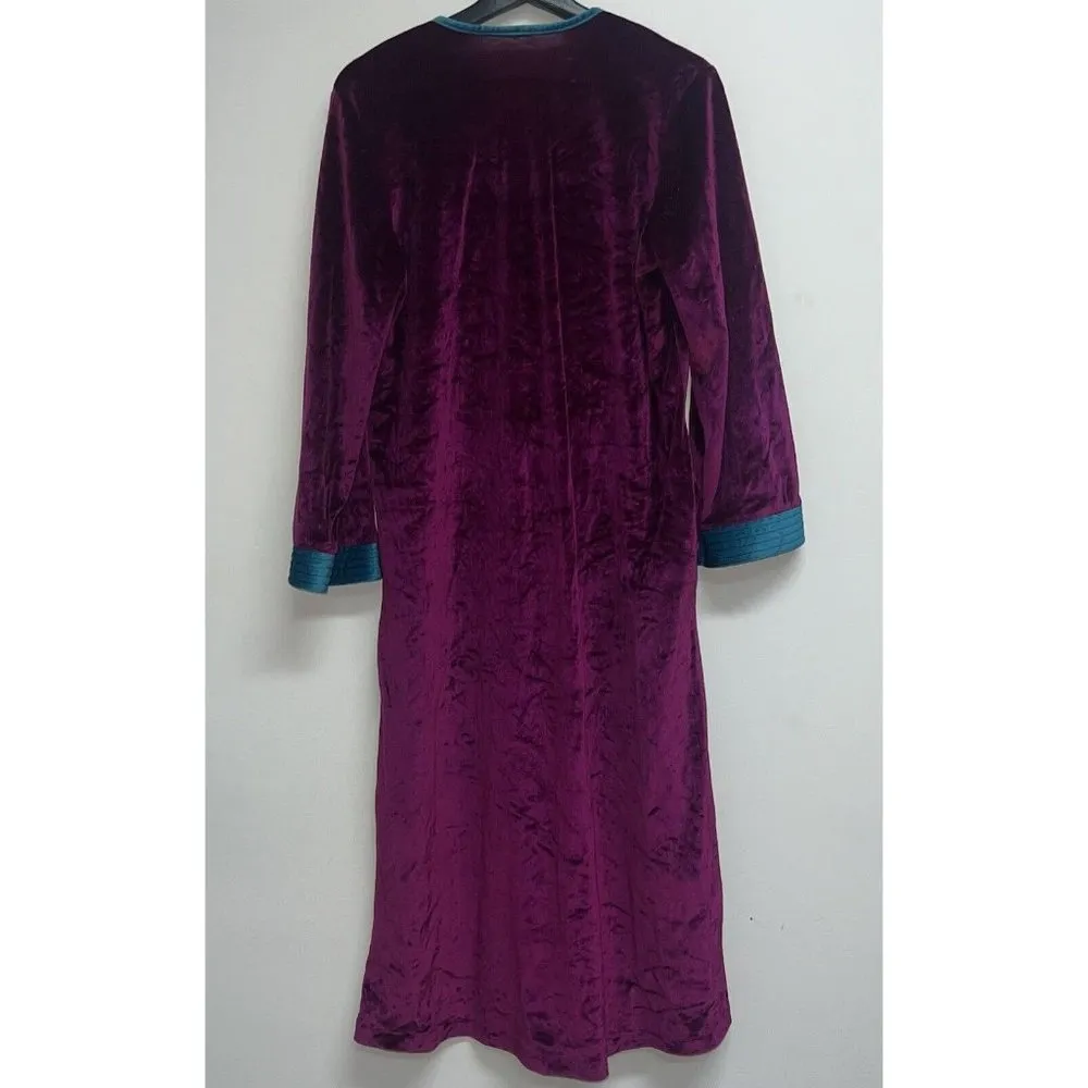 VINTAGE House Dress Womens Medium Robe Coat Nightgown Purple Teal L/S Velour - Image 5