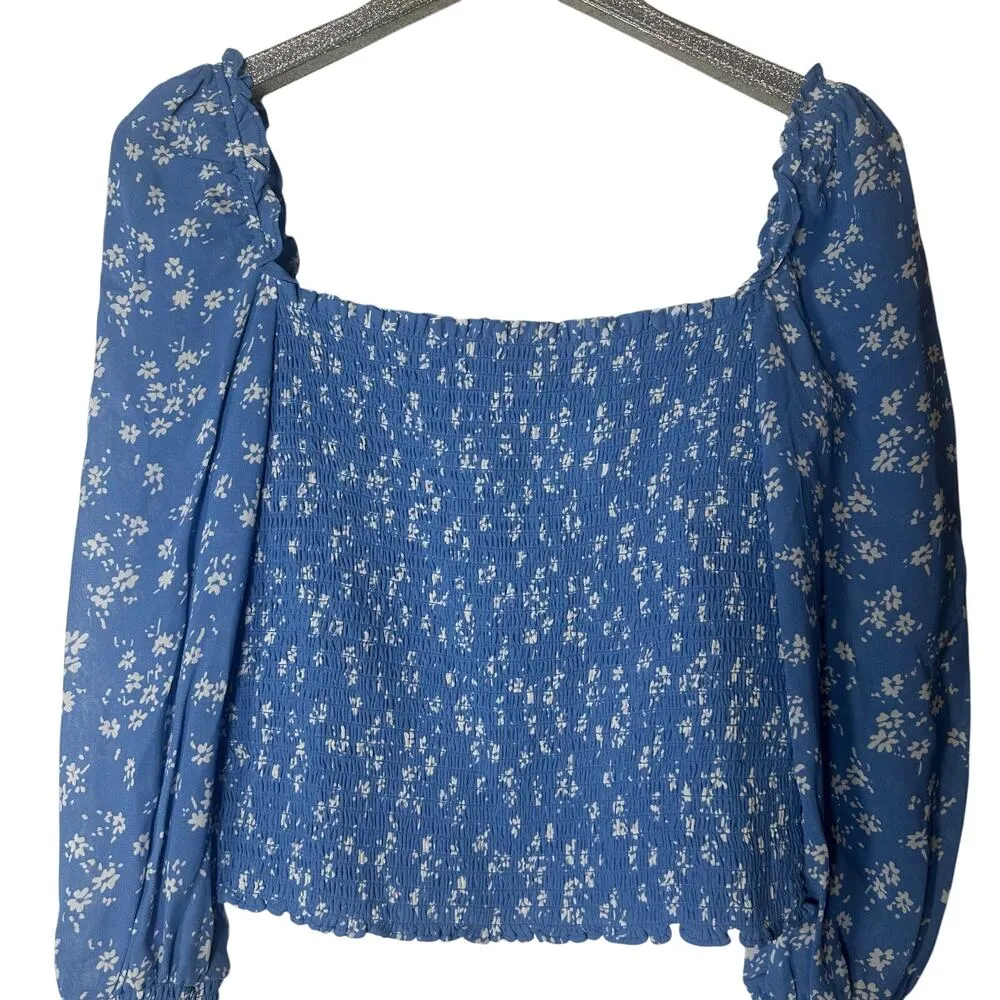 Reformation Pinto Blue Floral Print Smocked Crepe Top - Image 5