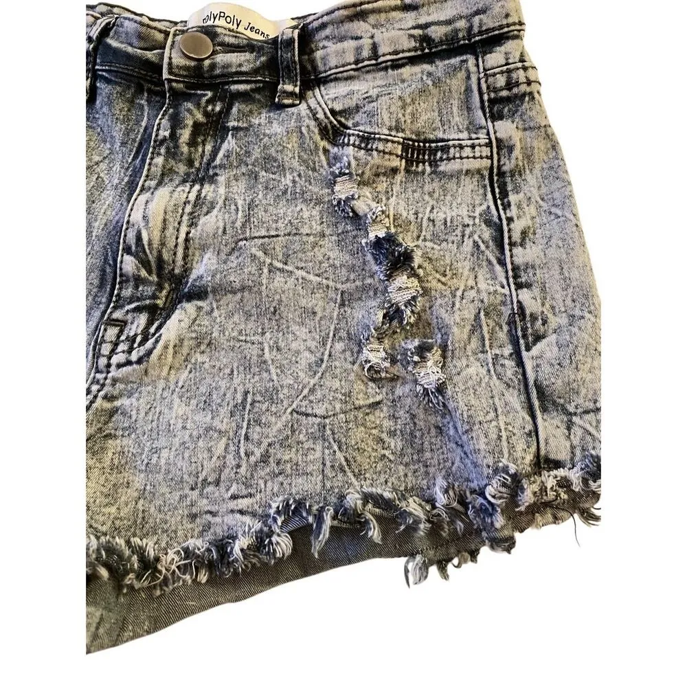 Roly Poly Frayed Shorts Juniors 7 Acid Wash Denim Distressed Destroyed Jean Short Blue Size undefined - Image 4