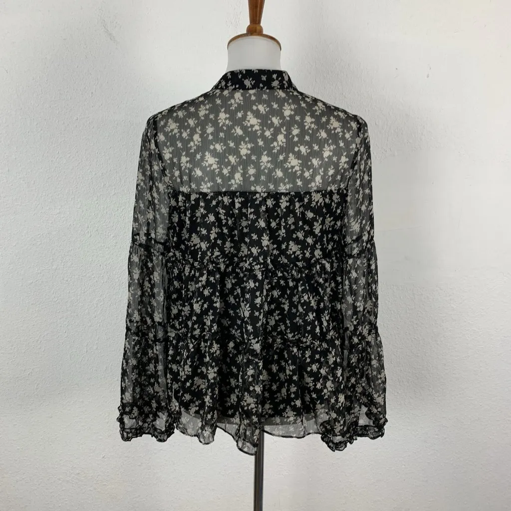 English Factory Blouse Small Black‎ Gray Sheer Boho Long Sleeve Vintage - Image 5