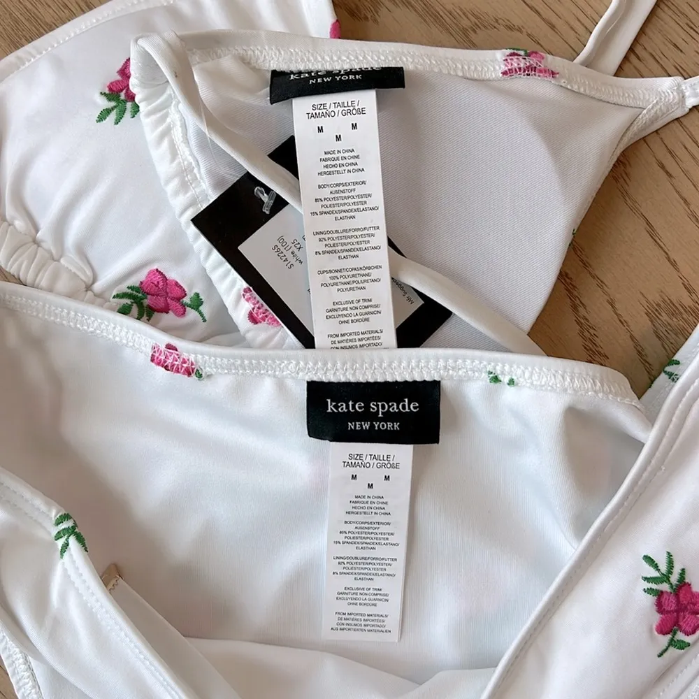 NWT Kate Spade White String Bikini Set Hot Pink Embroidered Floral Print Medium - Image 5