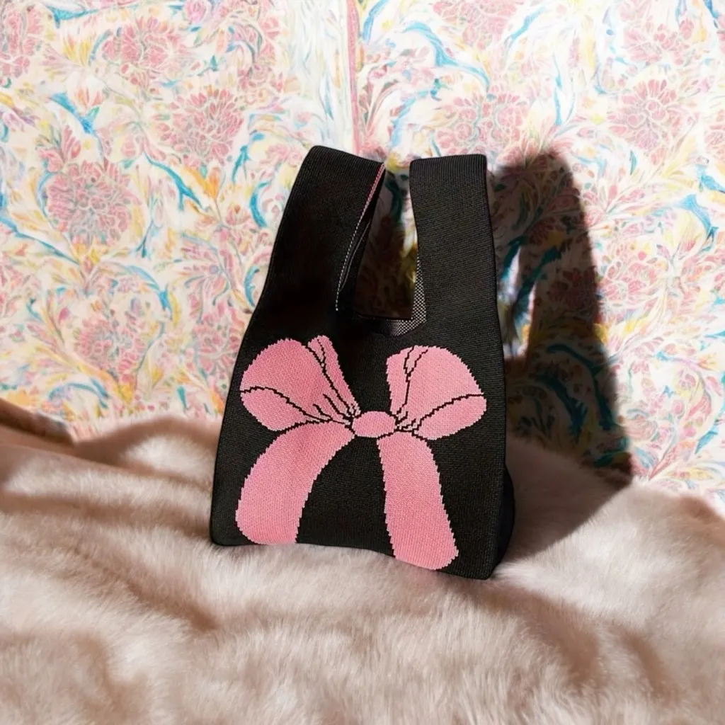 Stylish Black‎ Pink Bow Knit Style Handbag Fashionable Design Versatile Wristlet Black - Image 3