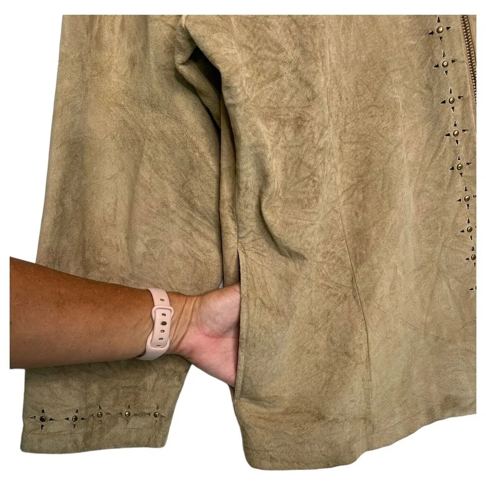 Cabelas Jacket Womens XL Leather Suede Western Laser Cut Full Zip Studded Brown - Image 10
