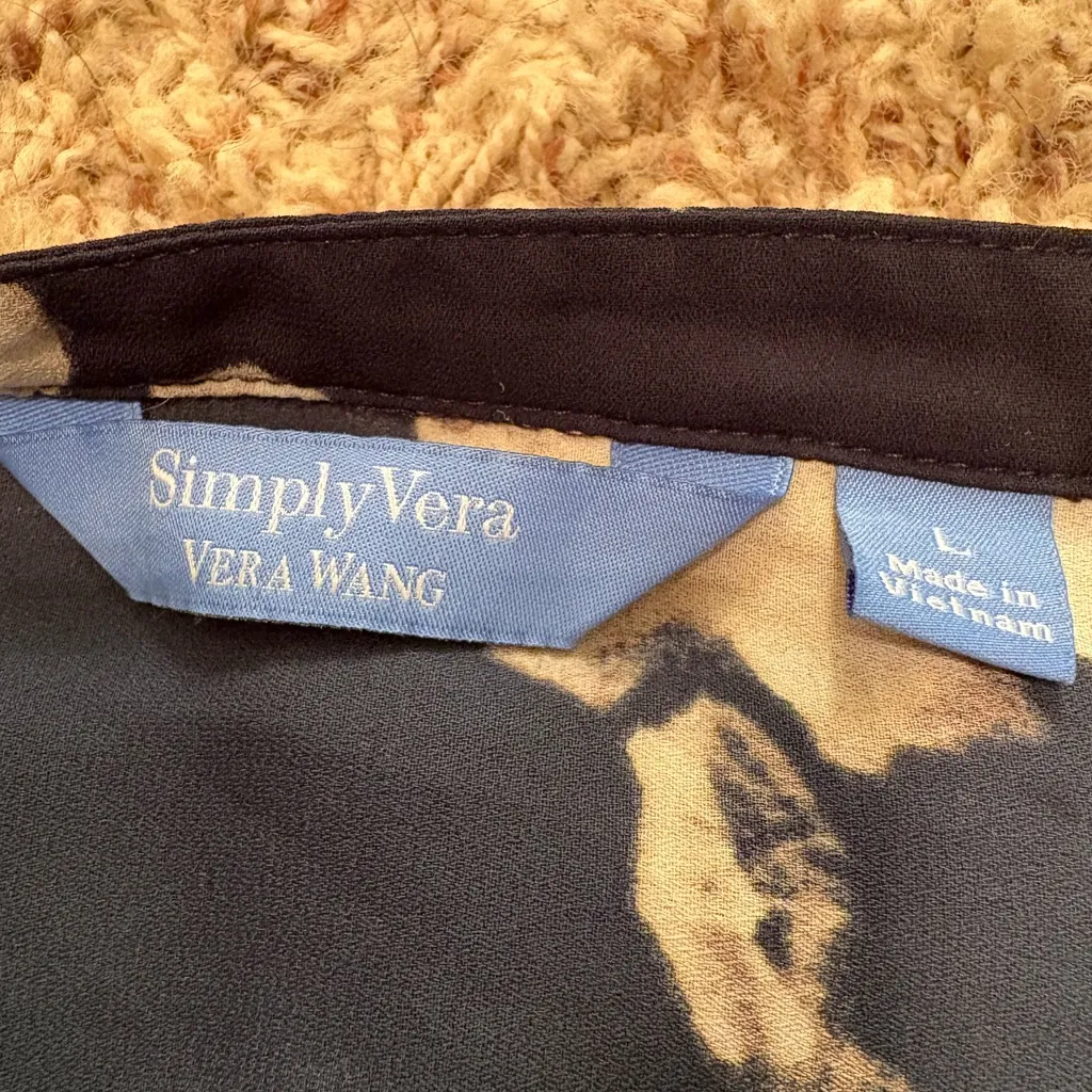 Simply Vera Fall Floral Long Sleeve Blouse Navy/Cream Office Career Dressy Blue Size L - Image 4