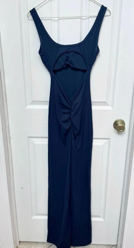 Like new navy workout jumpsuit romper with ruched butt and open back MEDIUM Blue - Image 2