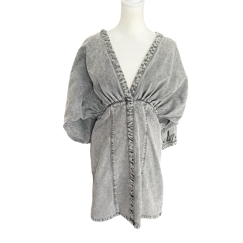 Joslin Studio Ayra Denim Dress Grey Wash Size 10 • Puff Sleeve Mini Dress Gray - Image 3