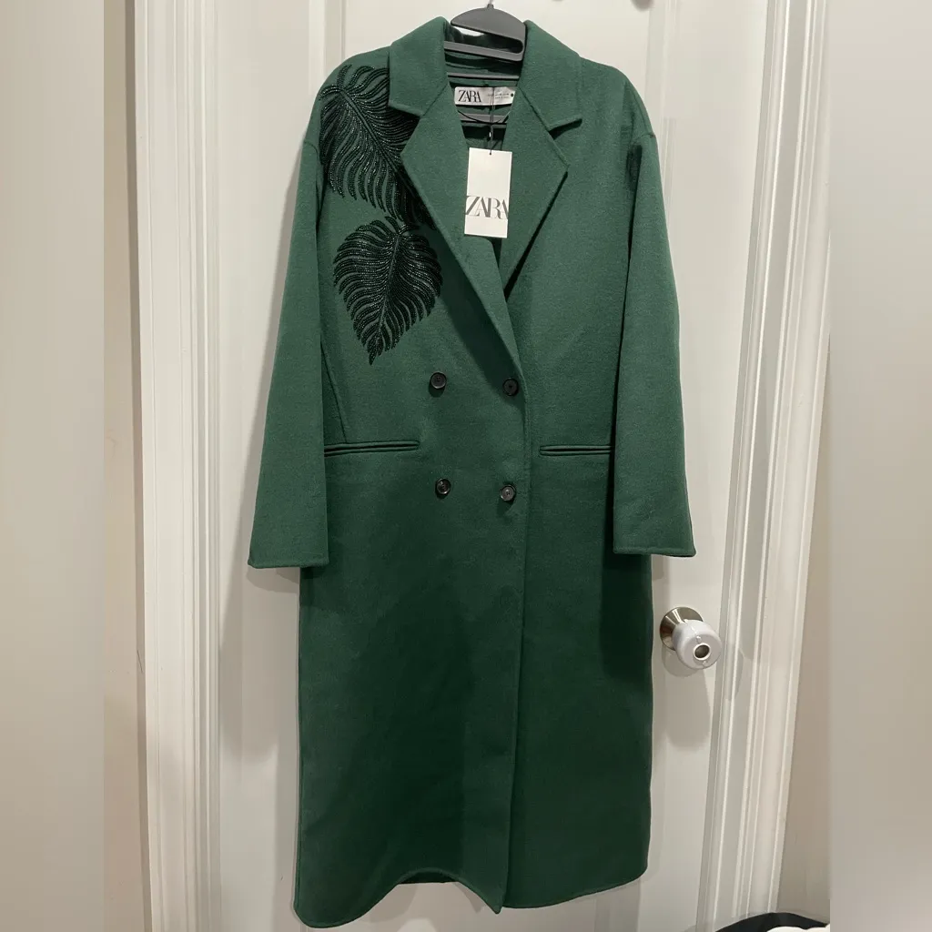 Zara Dark Green Beaded Leaf Long Oversized Wool Blend Pea Coat Size XS - M - Image 8