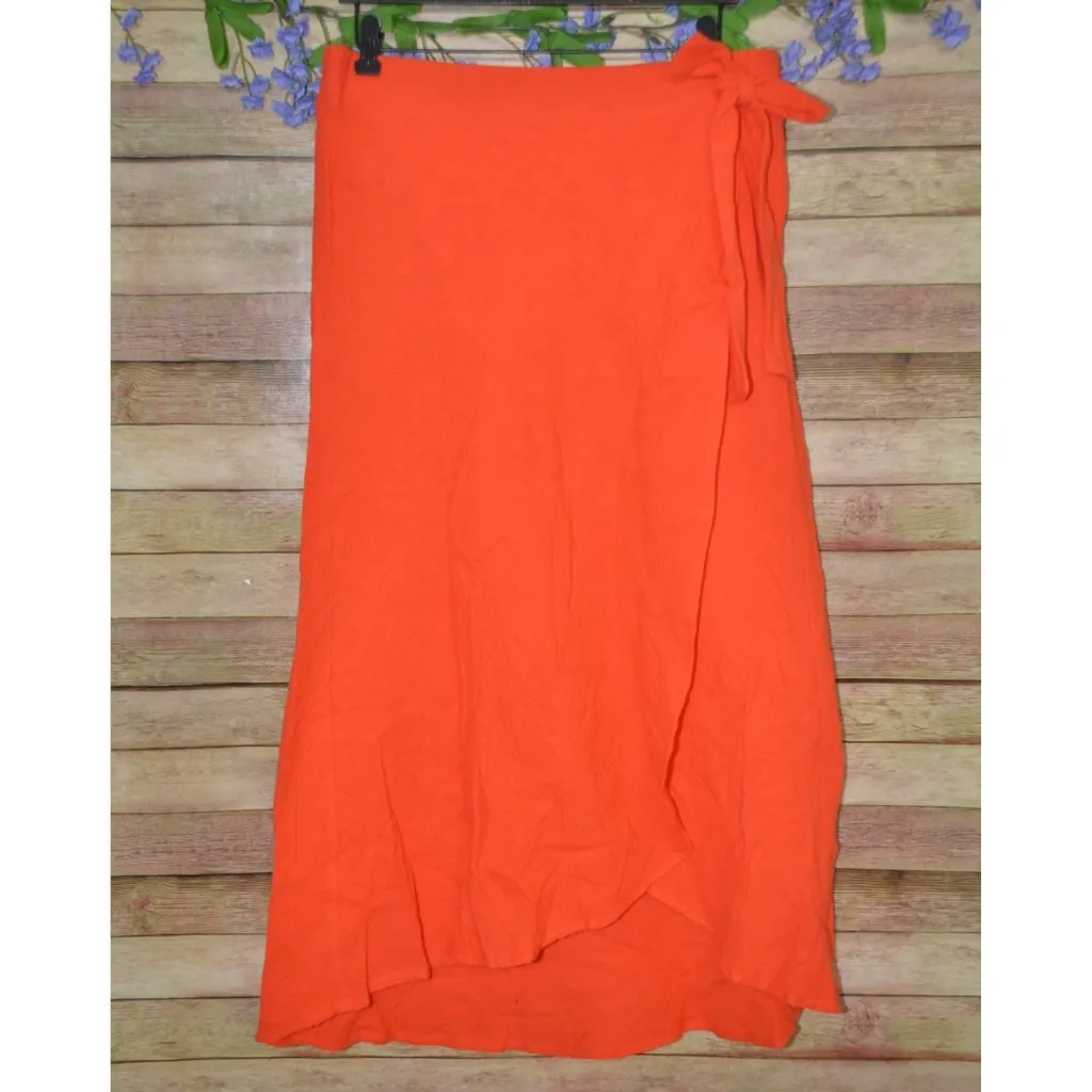 Mud Pie Ladies Red Orange Pull On Midi Skirt Size L Gauzy Cotton Faux Wrap - Image 2