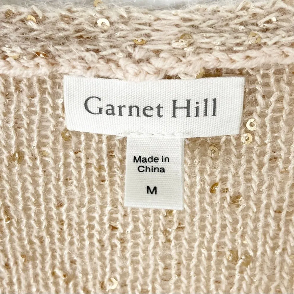 GARNET HILL Metallic Gold Sequin Alpaca Wool Blend V-Neck Sweater, Size Medium - Image 3